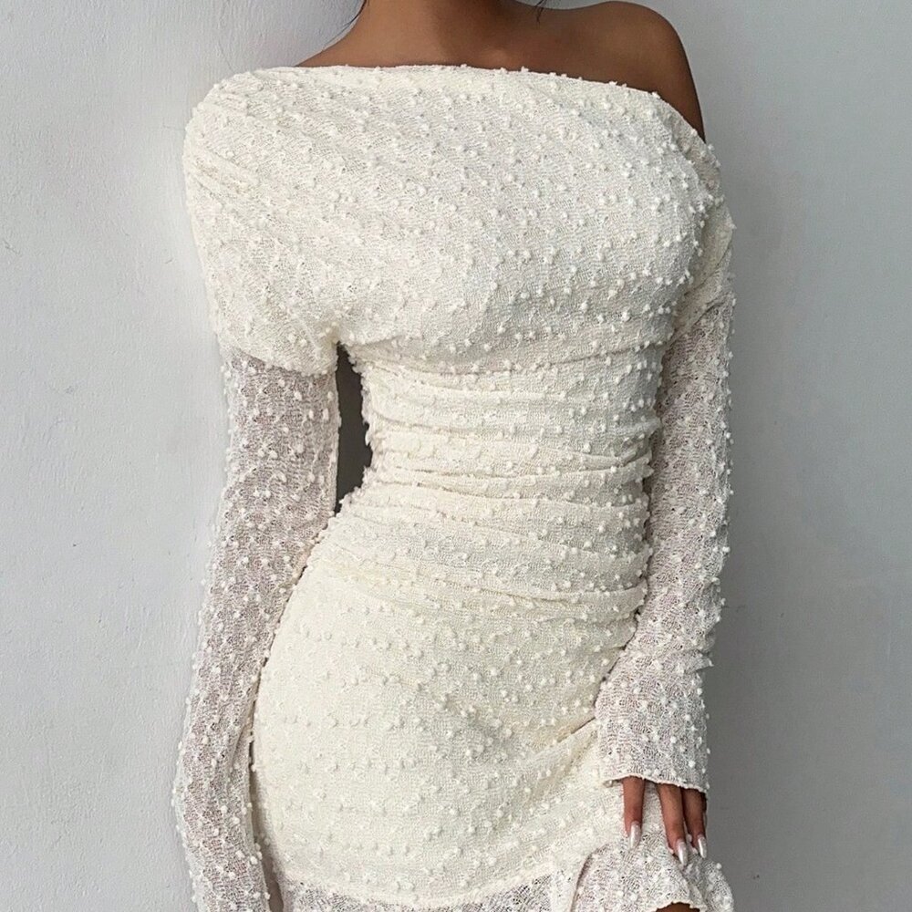 Apricot Elegant Women's Sexy Shoulder Long Sleeve Mini Bodycon Dress - Picture 4 of 7
